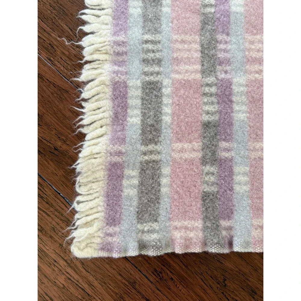 Pendleton Virgin Wool Throw Blanket Pink Purple Plaid Fringe Made in USA Vintage